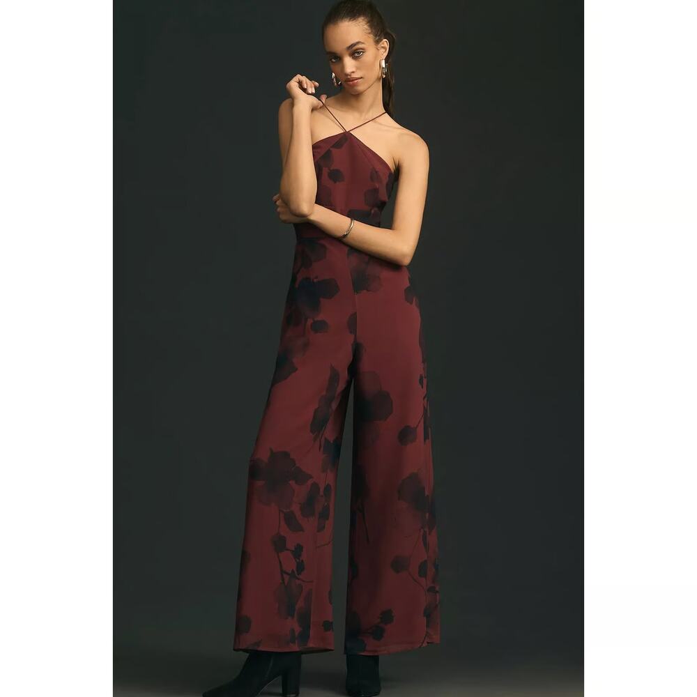 Anthropologie Hutch Womens Size Large Burgundy Floral Halter Wide-Leg Jumpsuit